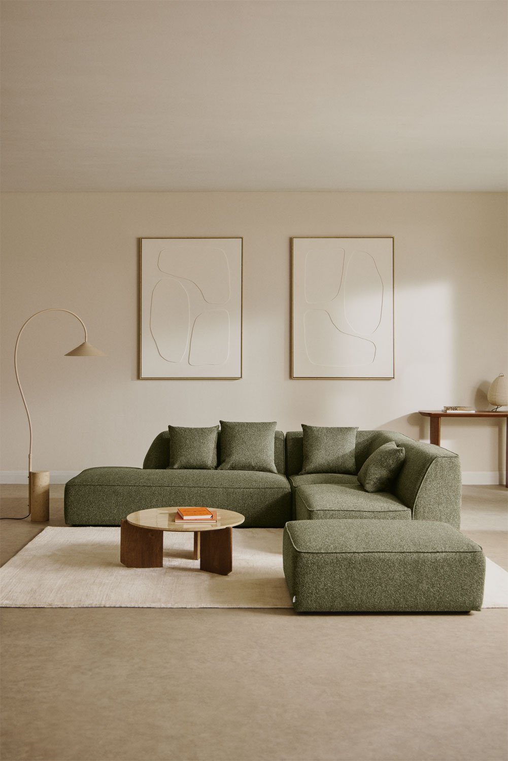 Cardea 3-piece modular corner sofa with left-hand chaise and upholstered pouf, gallery image 1