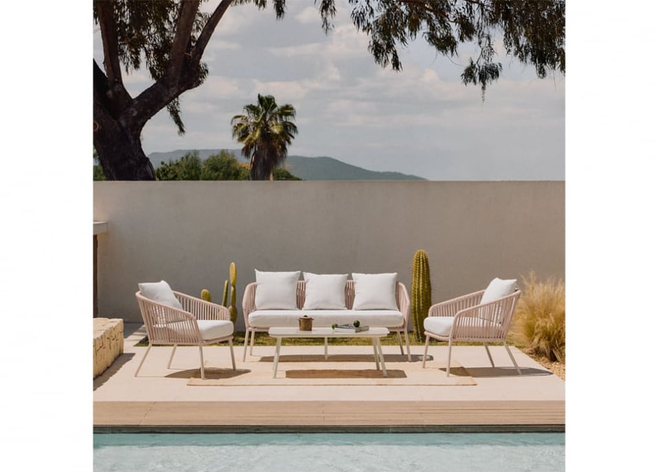 Garden set with 2-seater sofa, 2 armchairs and coffee tables in aluminium and braided rope Arhiza
