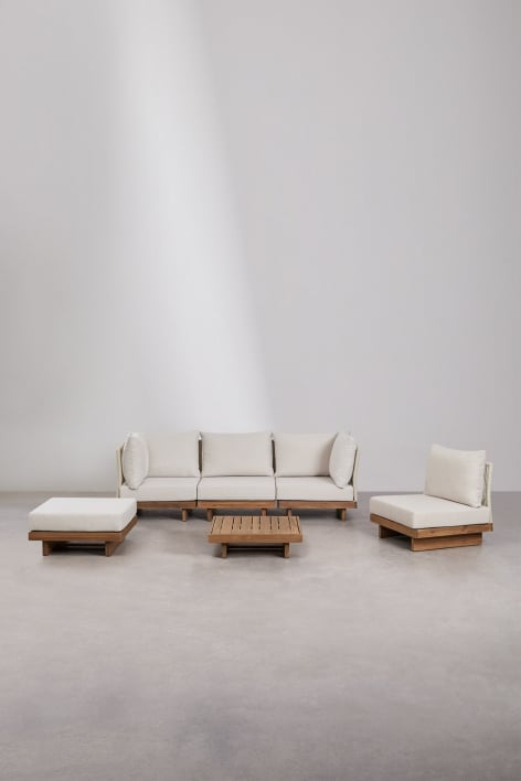 Living room set with a 4-piece modular corner sofa, coffee table, and ottoman in Dailin acacia wood