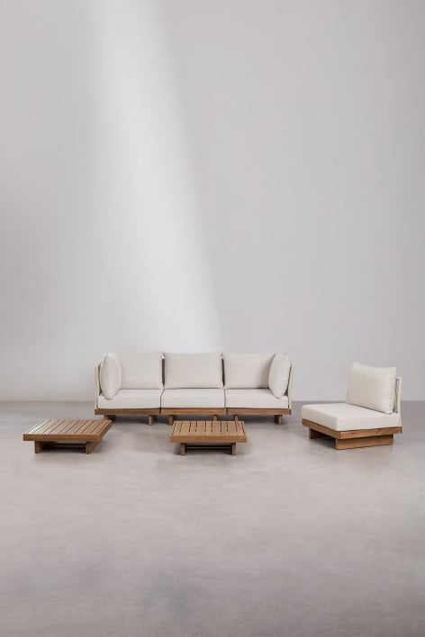 Living room set with 4-piece modular corner sofa, coffee table and side table in Dailin acacia wood
