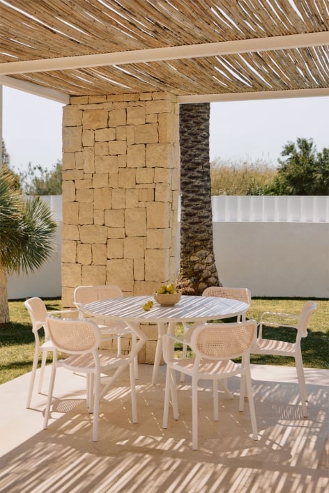 Set Valerie round table Ø125 cm and 6 Omara garden chairs with armrests in aluminum