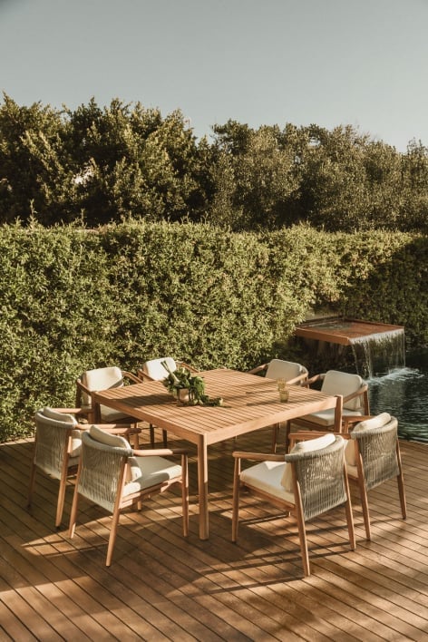 Set of 150x150 cm square table in acacia wood and 8 Aderyn eucalyptus wood garden chairs with armrests