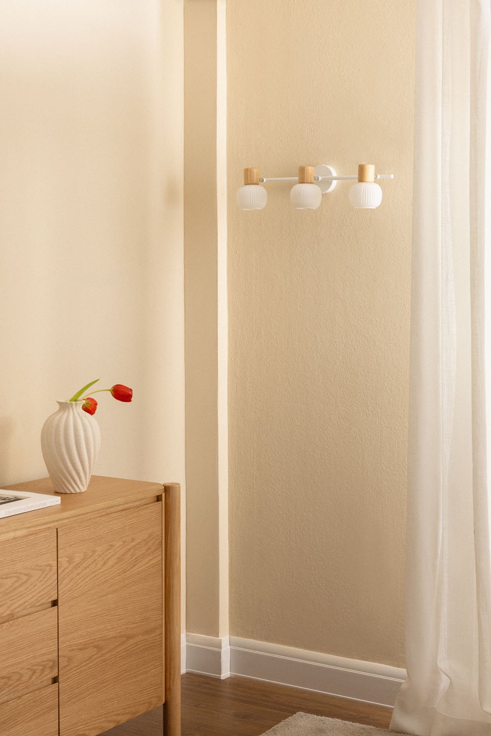 Ekaizy wall lamp with 3 light points in iron, rubber wood and glass, gallery image 1