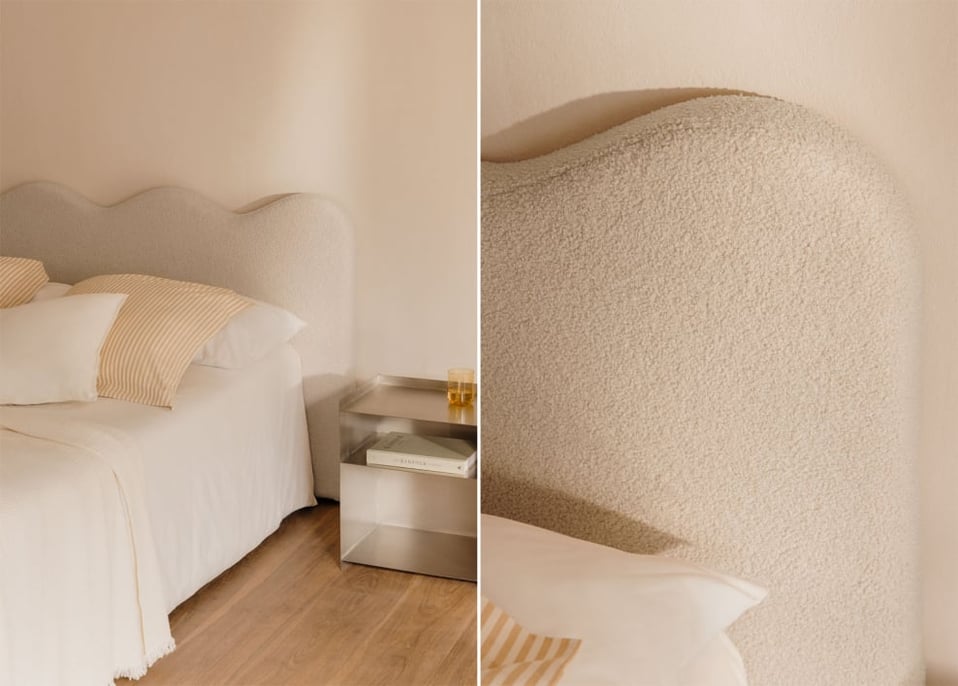 Cream Beige Sheepskin Headboard for 150cm bed Fausto - Teddy Fabric Cream Beige