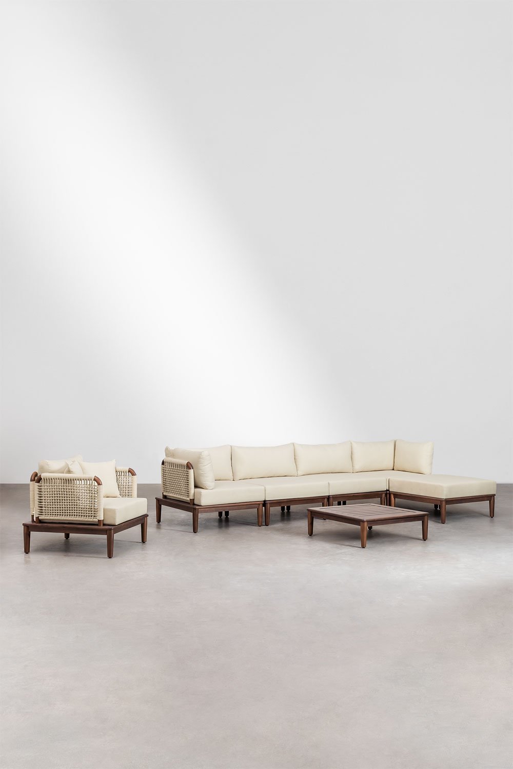 Giulia acacia living room set with 4-piece modular sofa with 2 corner chairs, coffee table, pouf, and armchair, gallery image 1