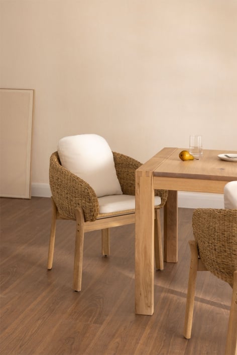 Leilan dining chair with armrests in acacia wood and synthetic rattan