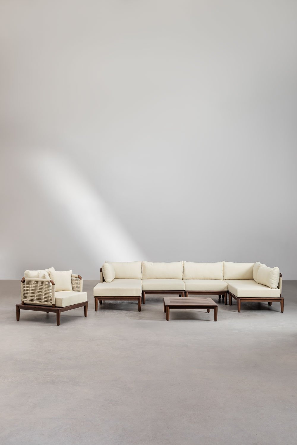 5-piece corner modular sofa living room set, coffee table, pouf, and armchair in acacia Giulia, gallery image 3