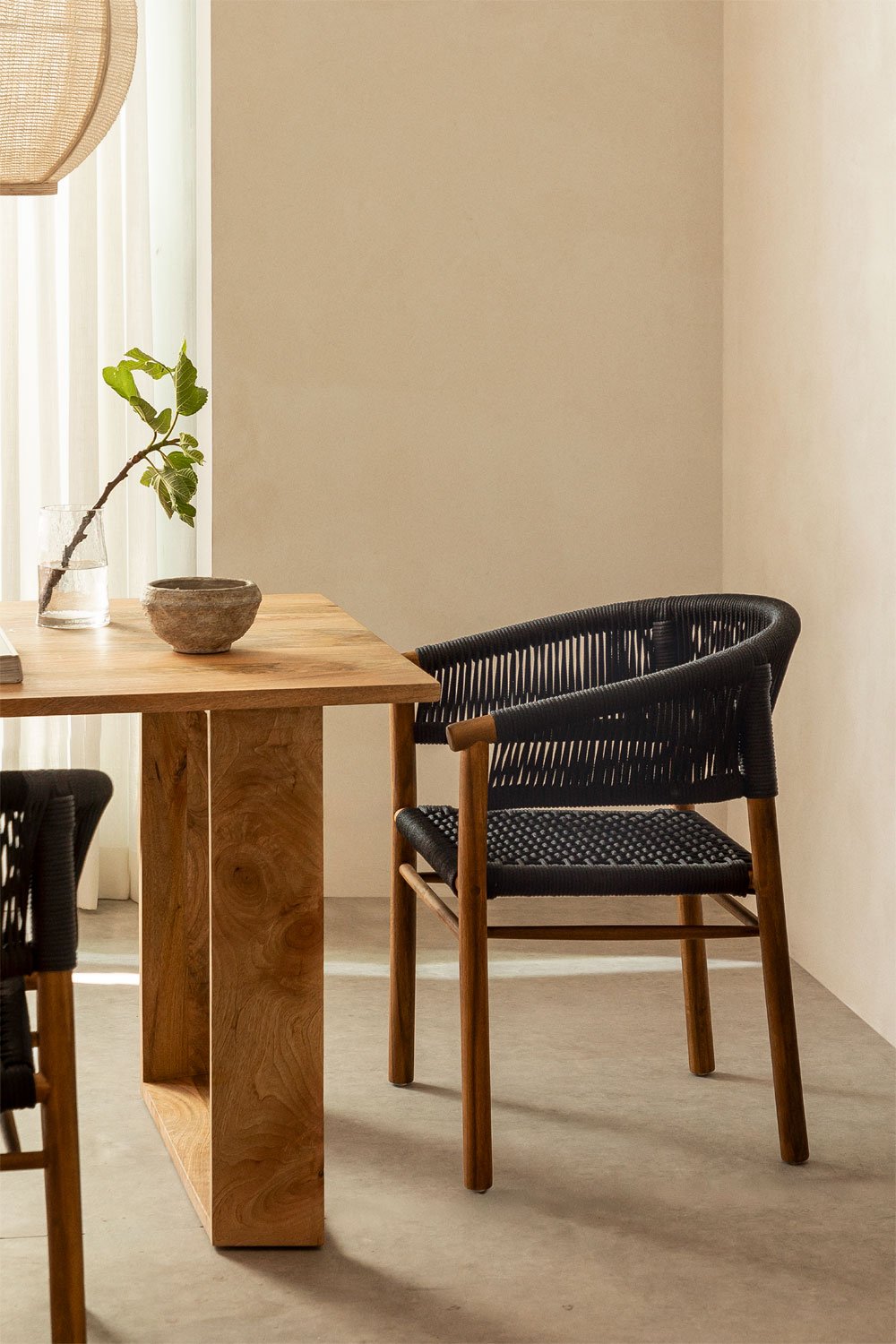 Tenay Classic Acacia Wood and Braided Rope Dining Chair with Armrests, gallery image 1
