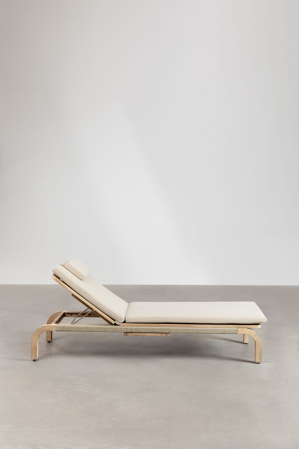 Reclining sun lounger in acacia wood with Dubai cushion, gallery image 6