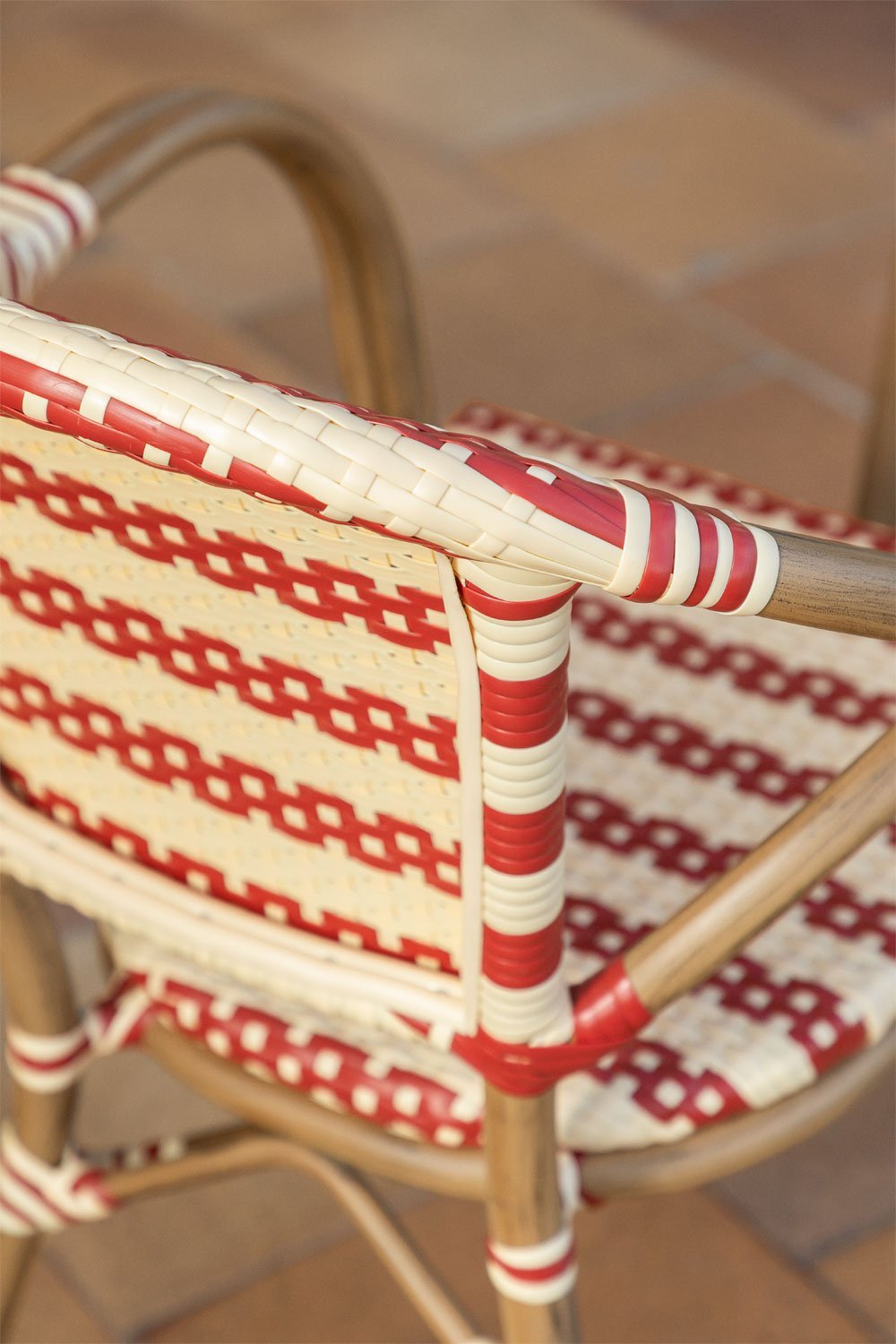 Stackable garden chair with armrests in synthetic rattan and aluminum Solange Bistro, gallery image 2