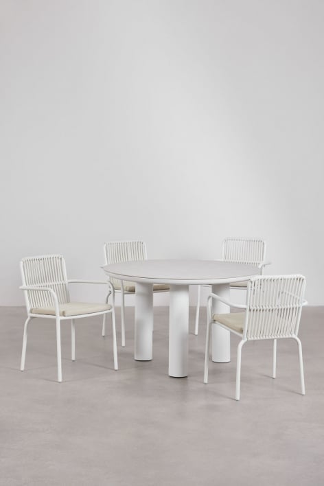 Arken round ceramic and aluminum table set, Ø120, and four Alberta aluminum garden chairs with armrests.