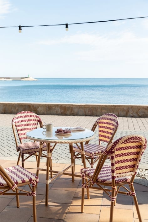 Round table set Ø80 cm Brielle Bistro and 4 stackable garden chairs in synthetic rattan and aluminum Solange Bistro