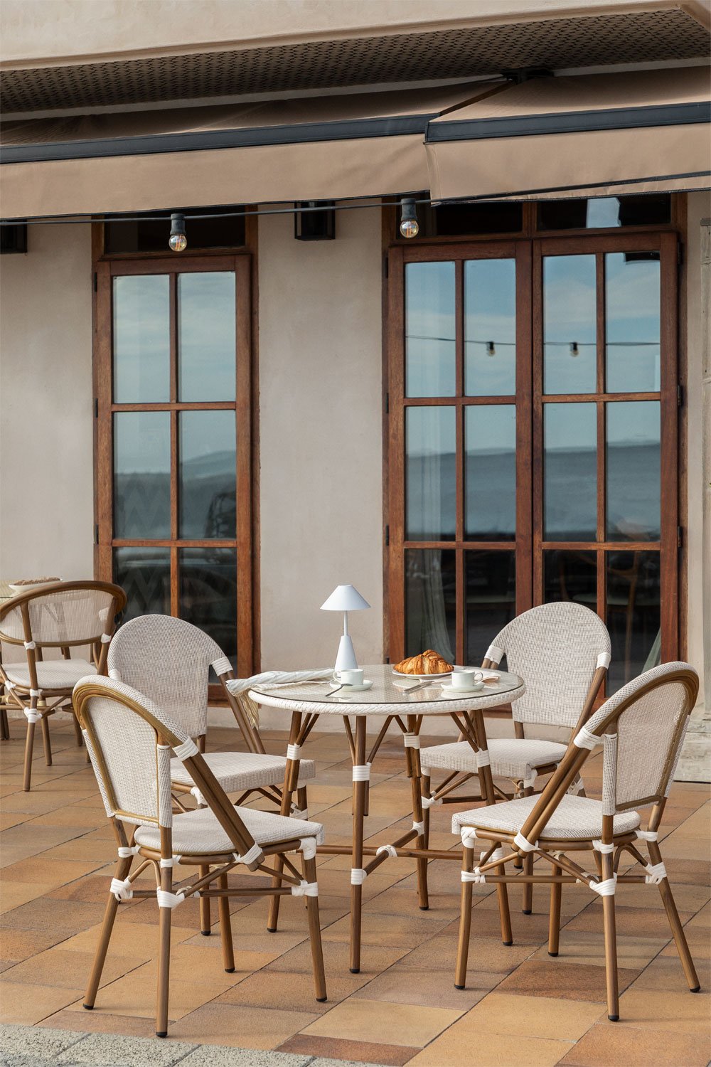 Brielle Bistro round table set (80 cm diameter) and 4 stackable aluminum garden chairs, gallery image 1