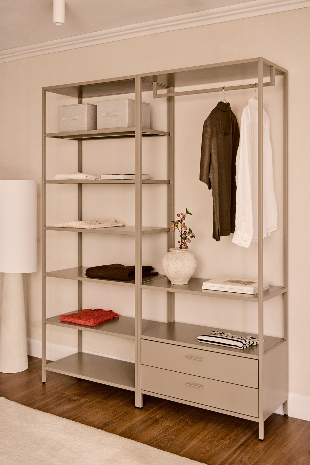 Janine 2-piece open modular wardrobe with drawers and steel shelving, gallery image 1
