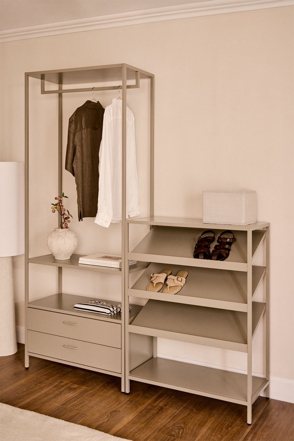 Janine 2-piece open modular wardrobe with drawers and low steel shoe rack, gallery image 1