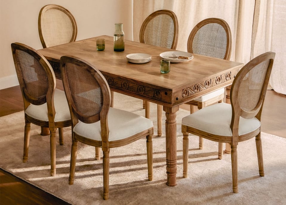 Rectangular Table Set in Mango Wood Taraz (160x90 cm) and 6 Dining Chairs in Fabric Sunna