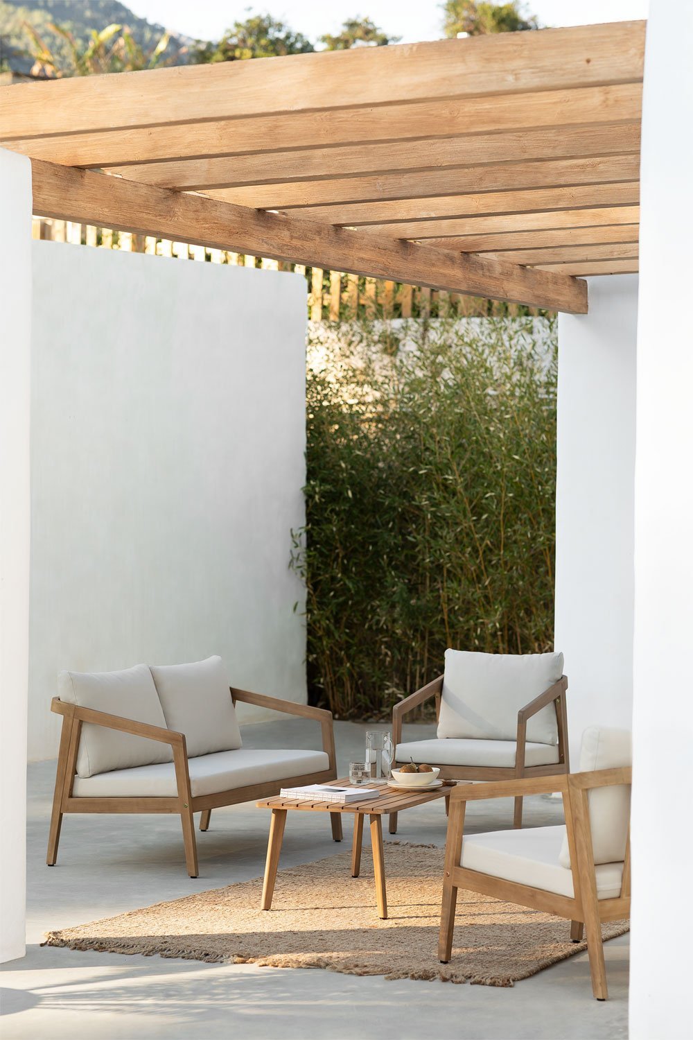 Kaela garden set with sofa, 2 armchairs and coffee table in acacia wood, gallery image 1
