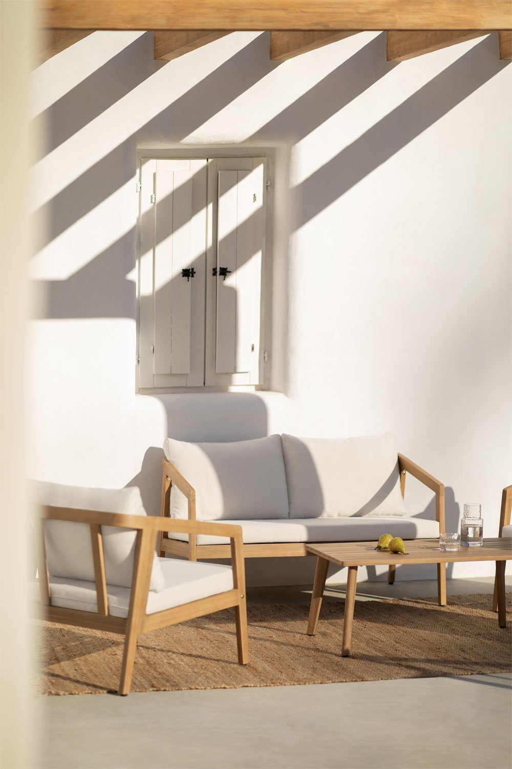 Kaela garden set with sofa, 2 armchairs and coffee table in acacia wood, gallery image 2