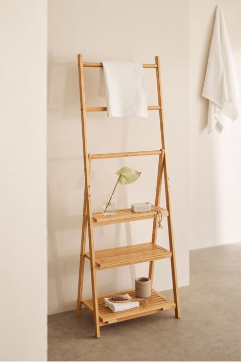 Free-standing towel rack with shelves in Laos bamboo