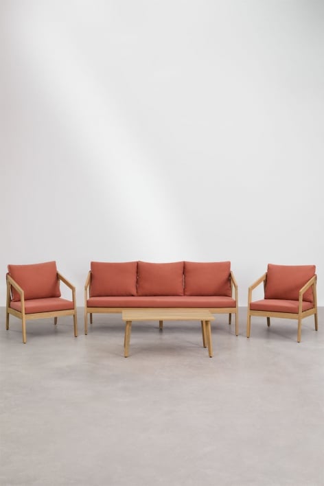 Living room set with 3-seater sofa, 2 armchairs, and coffee table in acacia wood and braided rope Kaela