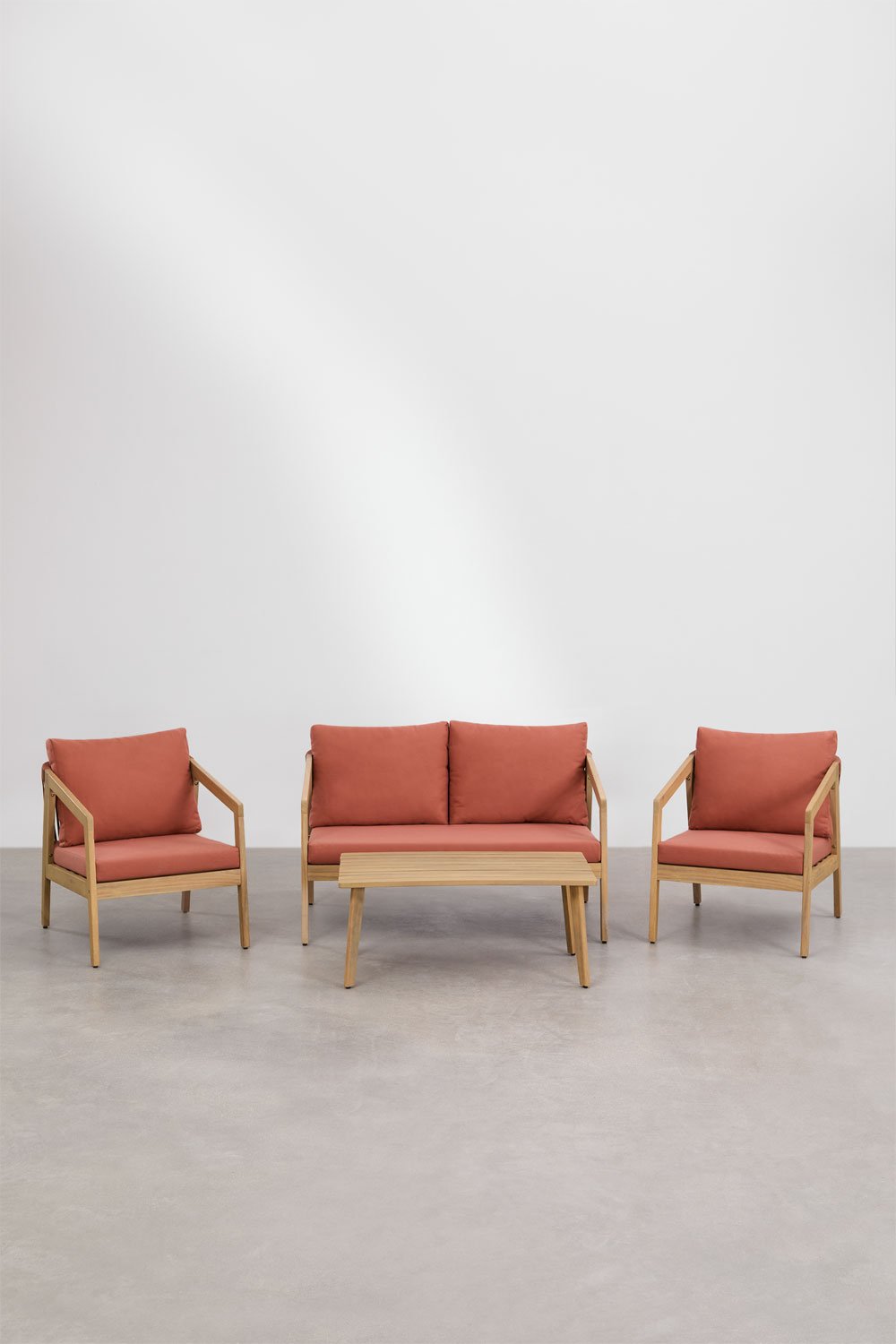 Garden set with 2-seater sofa, 2 armchairs and coffee table in acacia wood and braided rope Kaela, gallery image 3