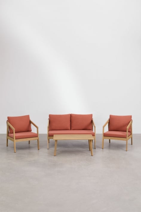 Living room set with 2-seater sofa, 2 armchairs and coffee table in acacia wood and braided rope Kaela