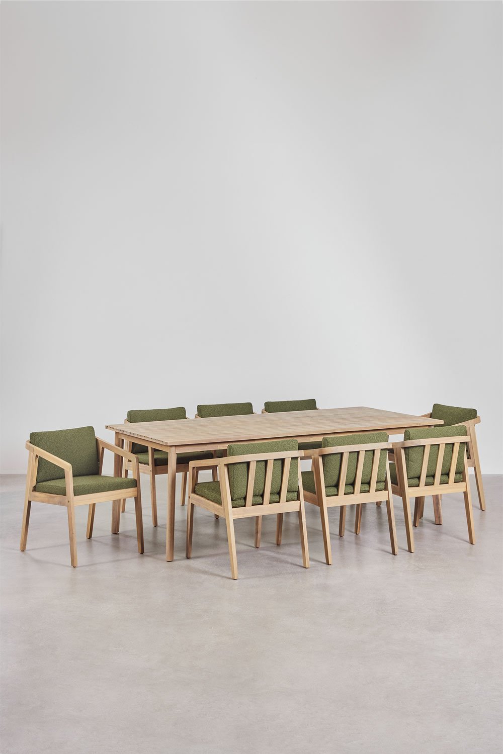 220x100 cm rectangular table set and 8 garden chairs in acacia wood Kaela, gallery image 3