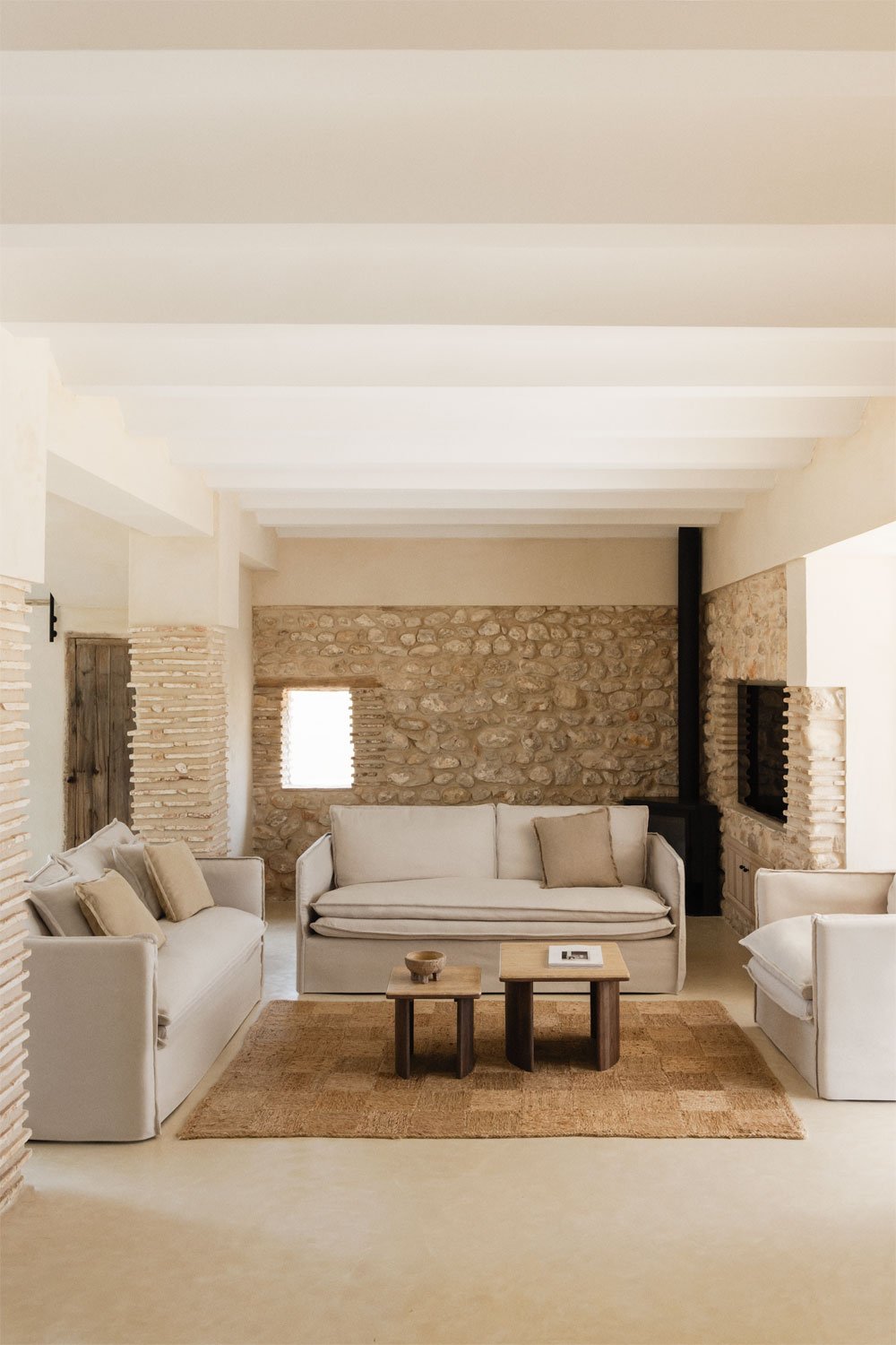 Living room set with 2-seater sofa, 3-seater sofa and armchair in linen and cotton Grace, gallery image 1