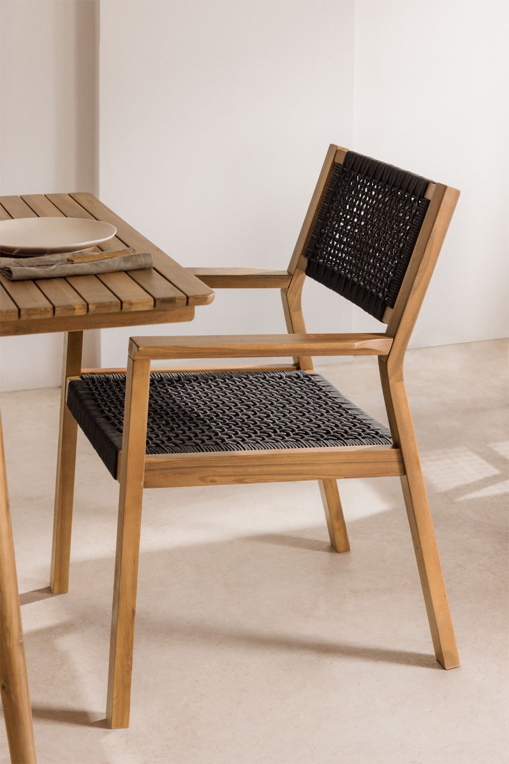 Tenay Square Acacia Wood and Braided Rope Dining Chair with Armrests, gallery image 1