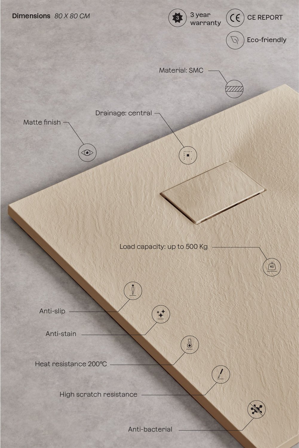 Soho square, non-slip, extra-flat SMC resin shower tray, gallery image 3