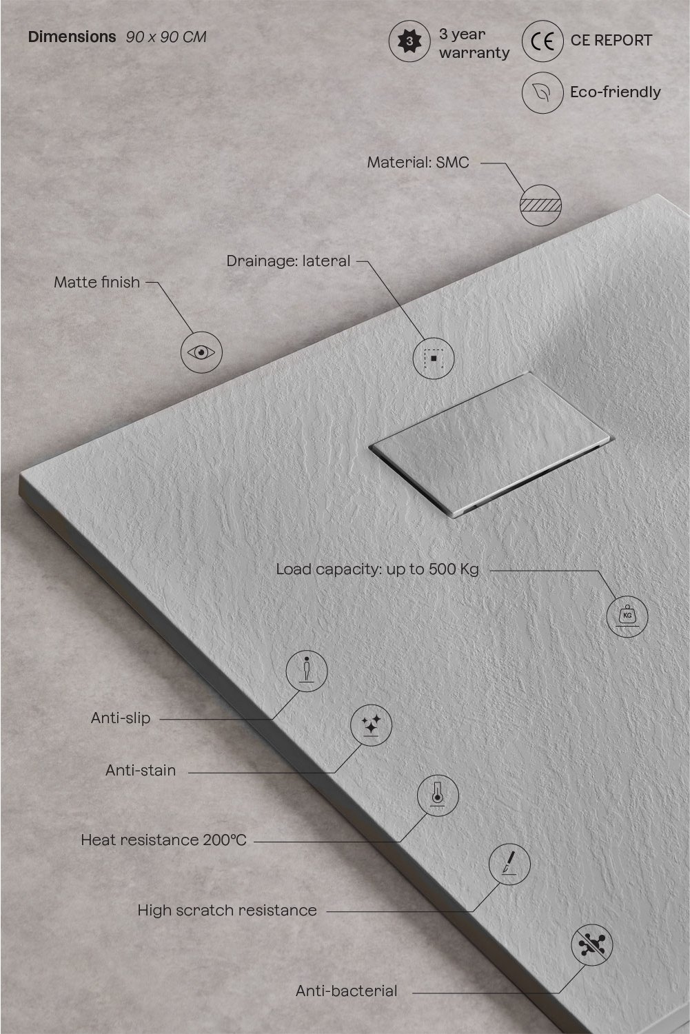 Soho square, non-slip, extra-flat SMC resin shower tray, gallery image 3