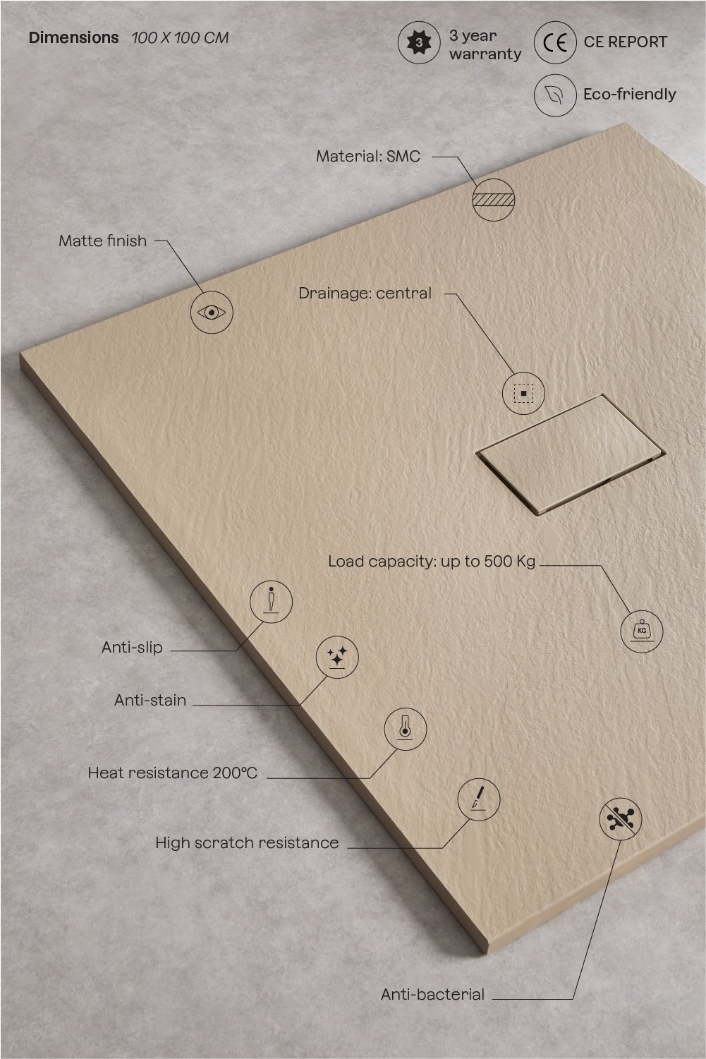 Soho square, non-slip, extra-flat SMC resin shower tray, gallery image 3
