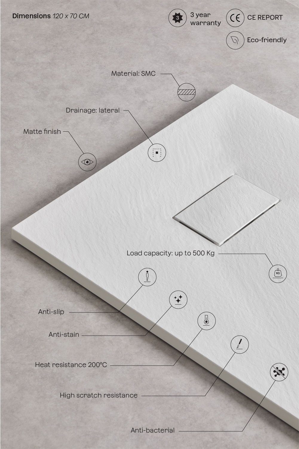 Soho rectangular, non-slip, extra-flat SMC resin shower tray, gallery image 5