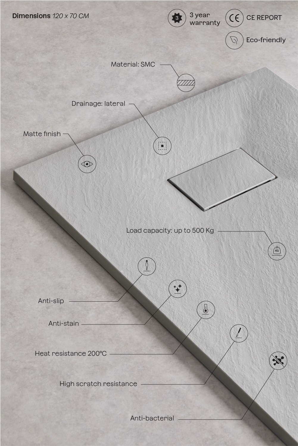 Soho rectangular, non-slip, extra-flat SMC resin shower tray, gallery image 3