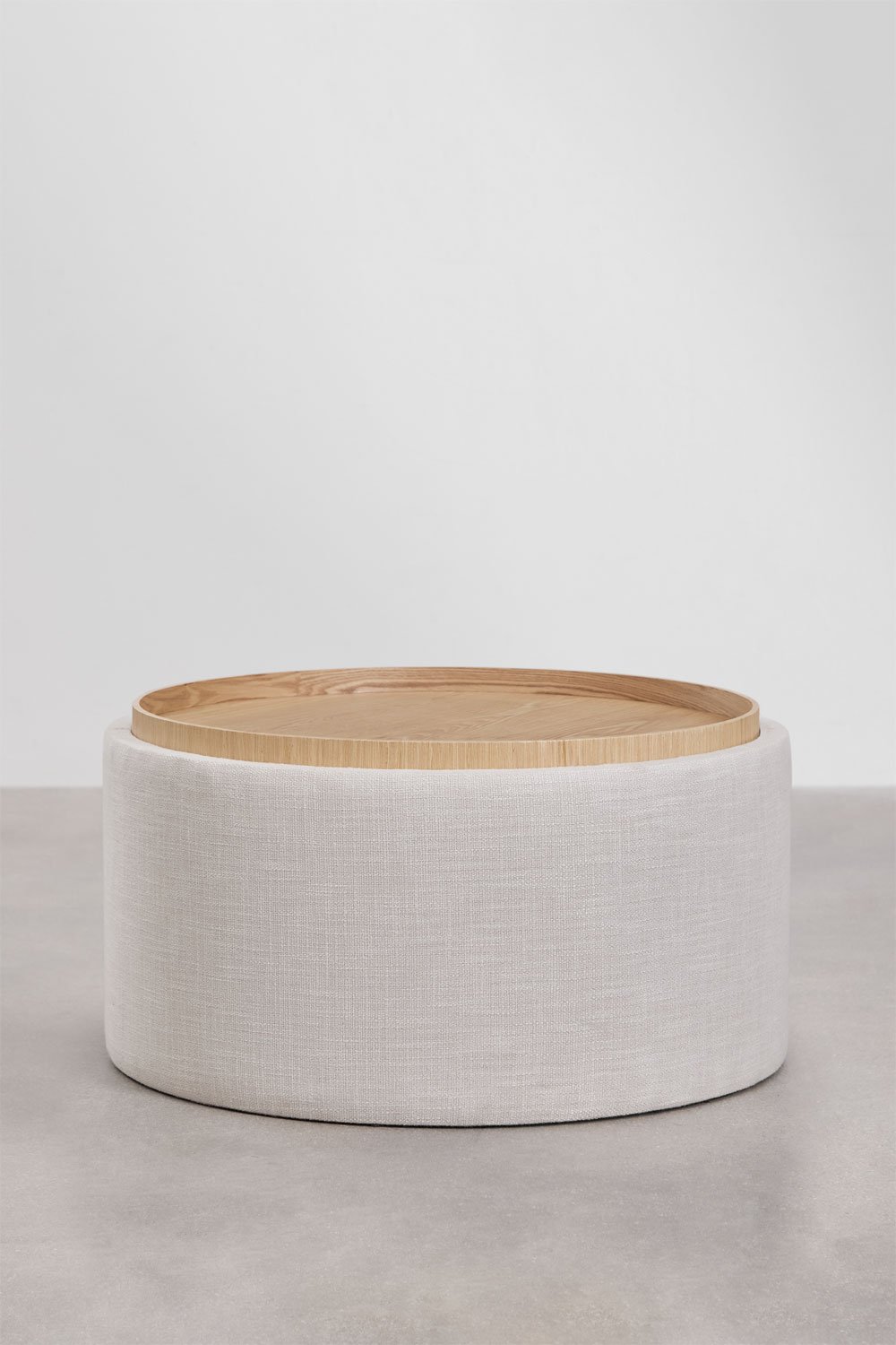 Berkeleni round upholstered coffee table with tray and storage, gallery image 1