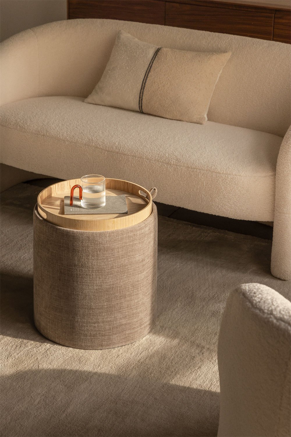 Berkeleni round upholstered side table with tray and storage, Ø40 cm, gallery image 1