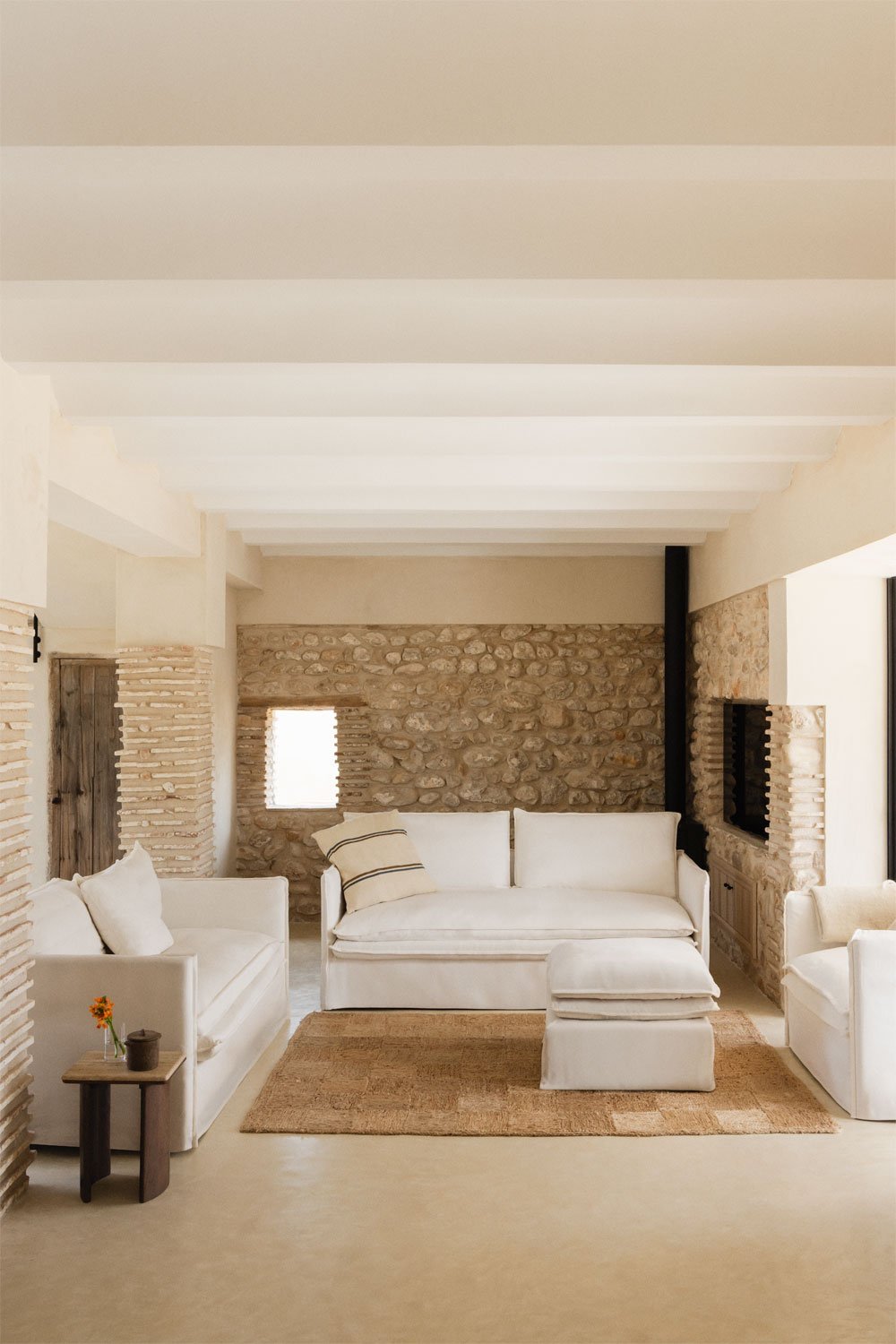 Living room set with a 2-seater sofa, a 3-seater sofa, an armchair, and a pouf in linen and cotton Grace, gallery image 1