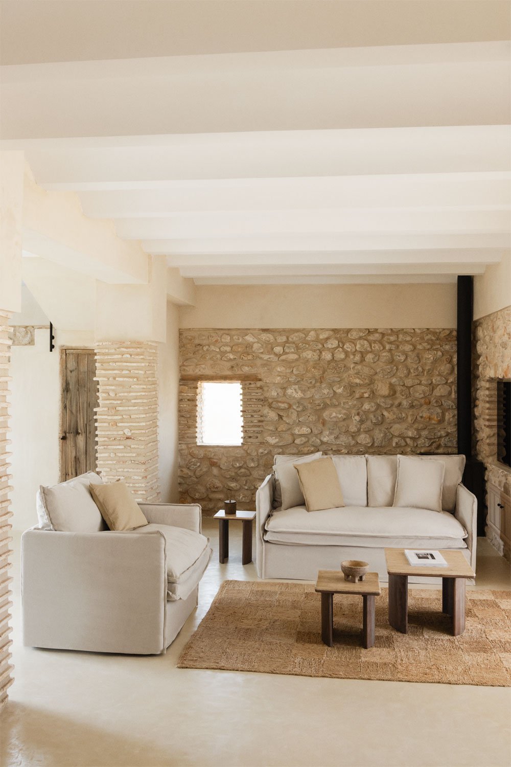 Living room set with 2-seater sofa and armchair in linen and cotton Grace, gallery image 1