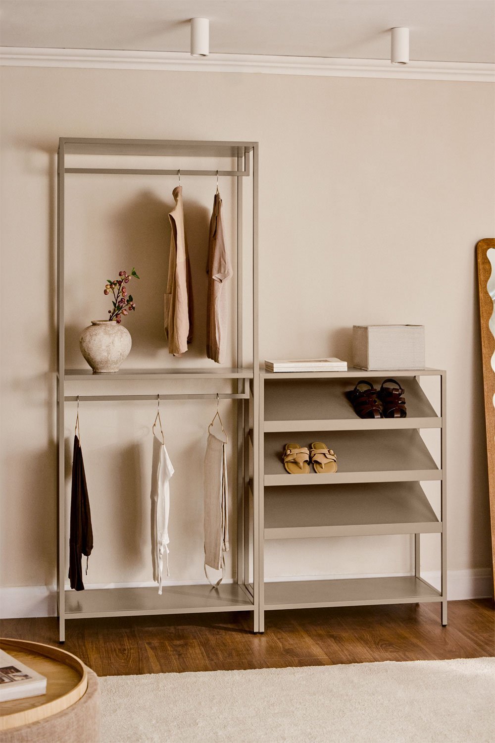 Janine 2-piece open modular wardrobe with a low steel coat and shoe rack, gallery image 1