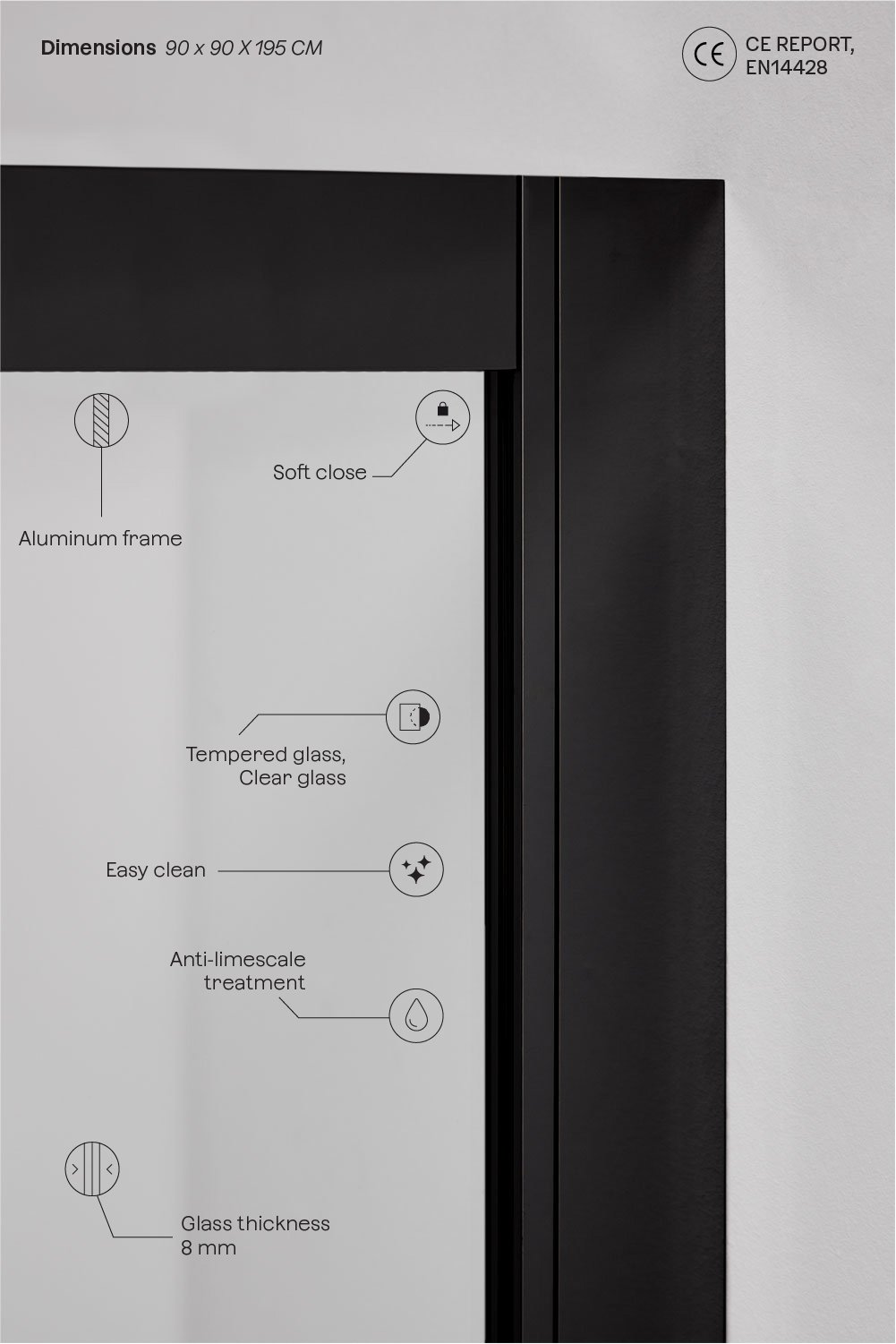 Square shower screen with soft-closing sliding doors, 6 mm tempered glass, and Brent aluminum, gallery image 4