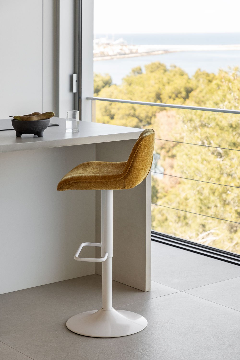 Pack of 4 adjustable high stools with metal backrest and Igarasi fabric, gallery image 1