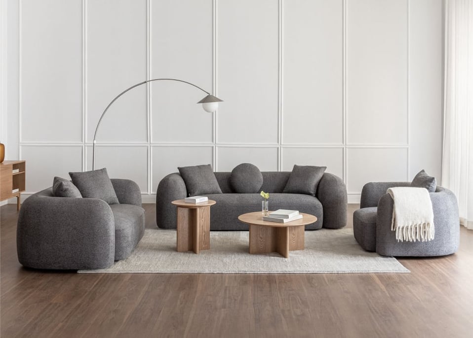Living room set with 3-seater modular sofa, 2-seater sofa and armchair in Coco chenille