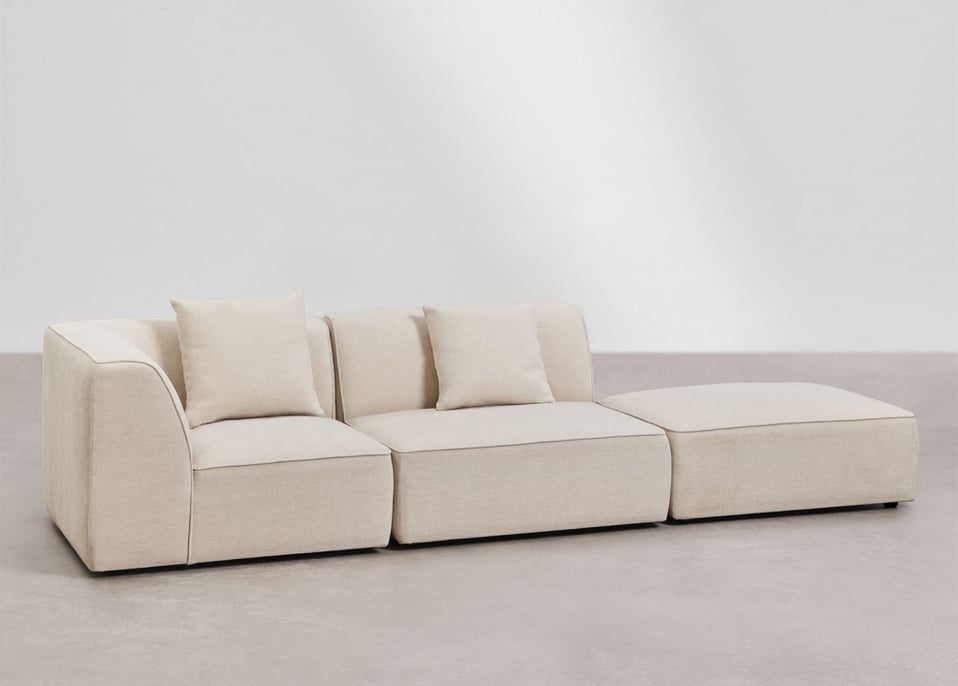 Cardea 2-piece modular corner sofa with upholstered pouf - Cream Beige Chenille