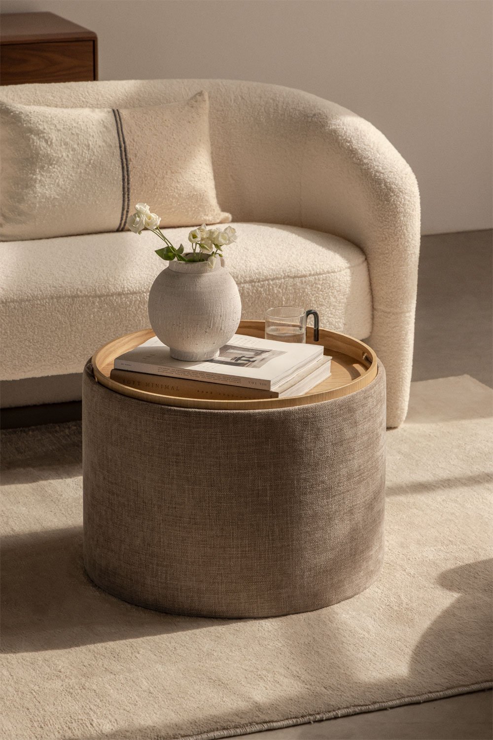 Berkeleni round upholstered coffee table with tray and storage, gallery image 1