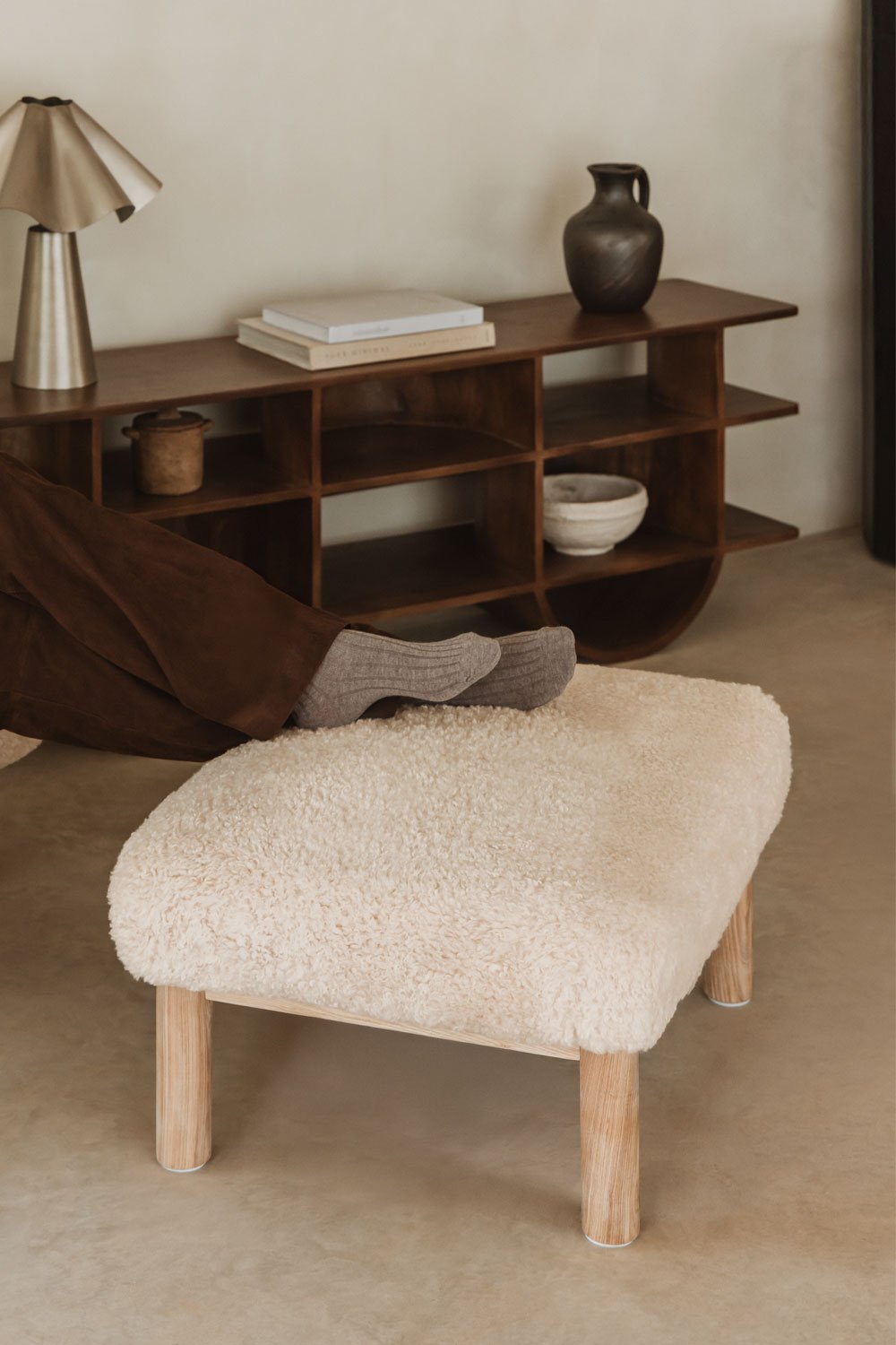 Bernia sheepskin and ash wood footrest, gallery image 1