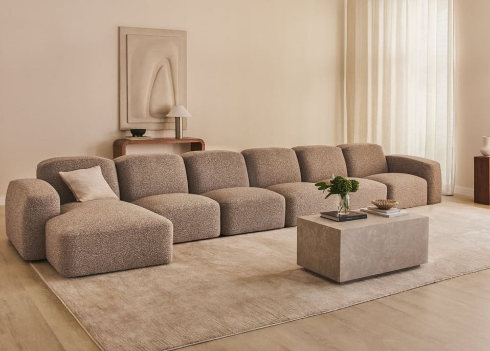 Bastian 6-Piece Left Chaise Longue Modular Sofa - Moka Brown Bouclé Fabric