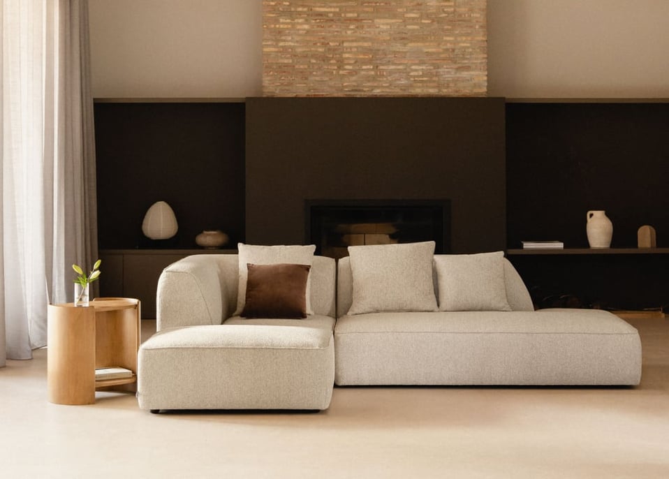 Cardea 2-piece modular corner sofa with right-hand chaise and upholstered pouf