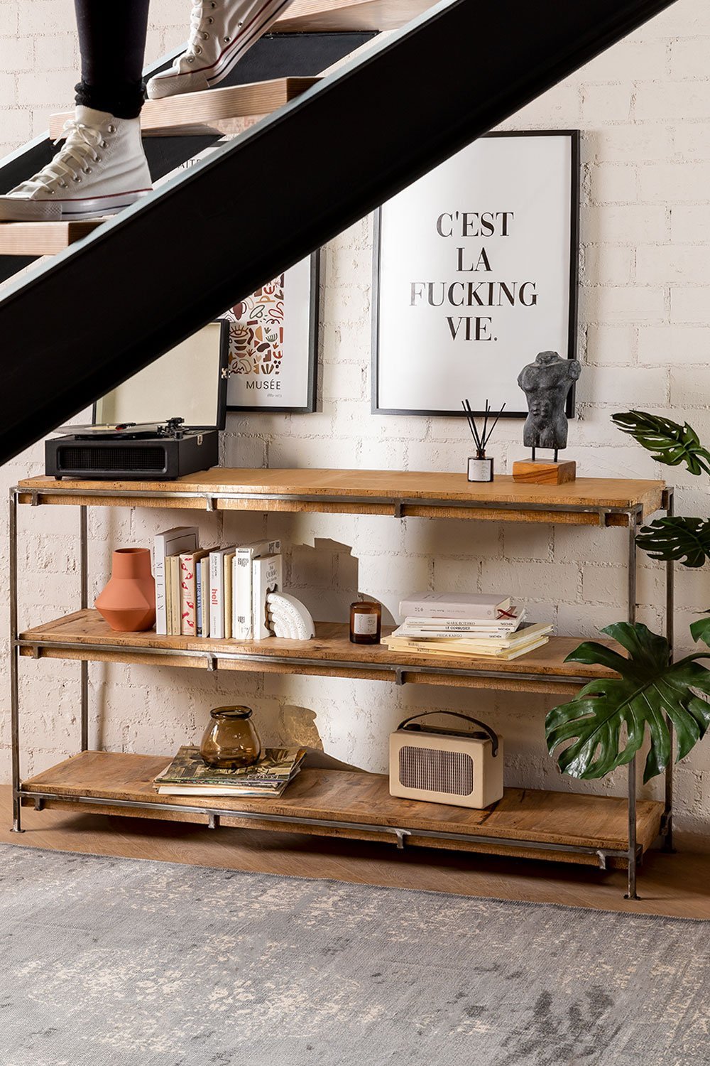 3-shelf shelving unit in mango wood Inme, gallery image 1