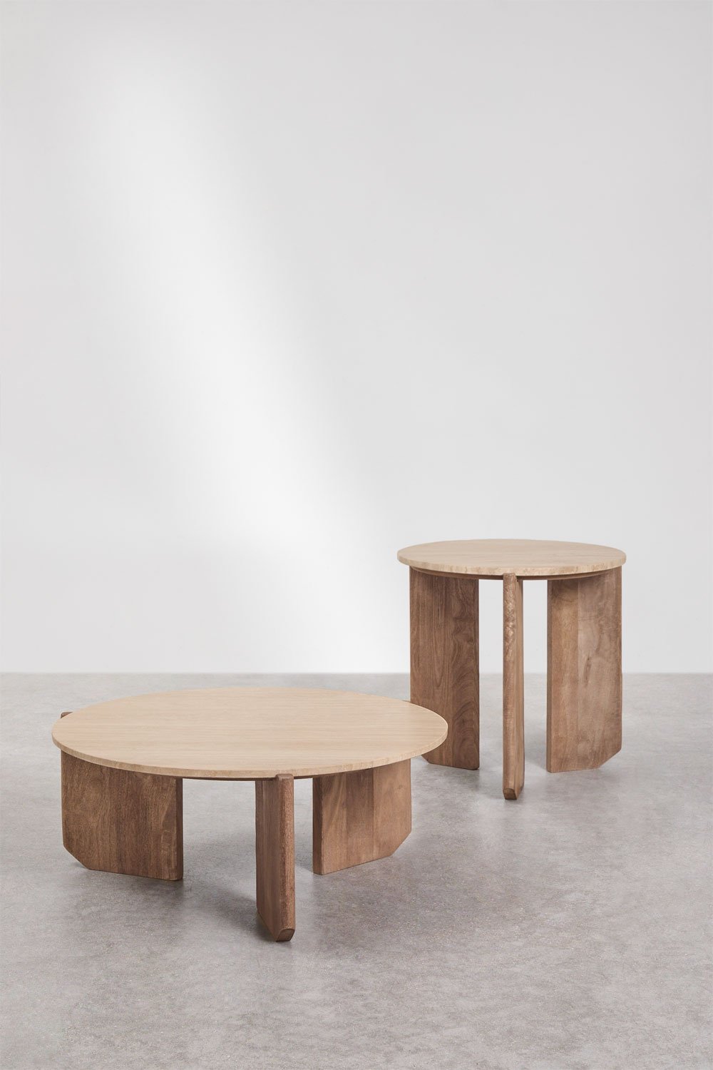 Set of 2 round coffee tables in natural stone and mango wood Lavinia, gallery image 2