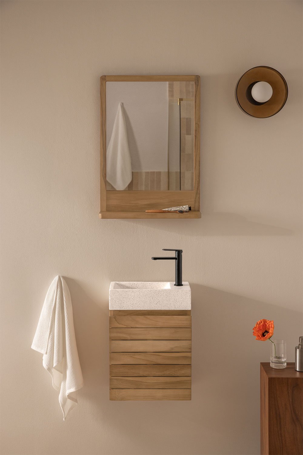 Bathroom furniture set in teak wood with integrated Napier cement washbasin, gallery image 1